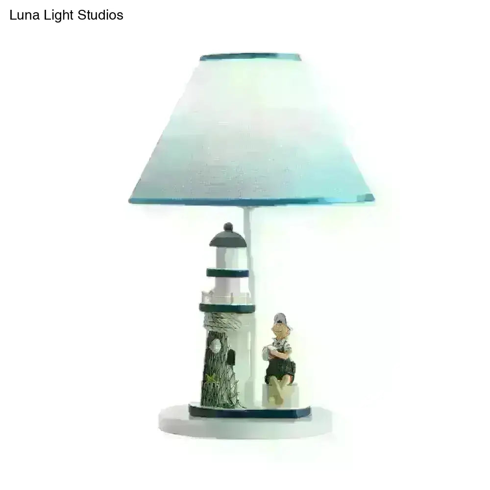 Minelava - Kids Conical Task Lighting Kids Style Fabric 1-Head Bedroom Table Light with Boy/Girl and Lighthouse Deco in Blue