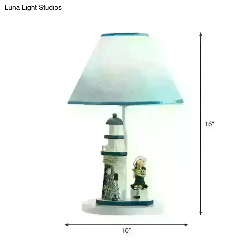 Minelava - Kids Conical Task Lighting Kids Style Fabric 1-Head Bedroom Table Light with Boy/Girl and Lighthouse Deco in Blue