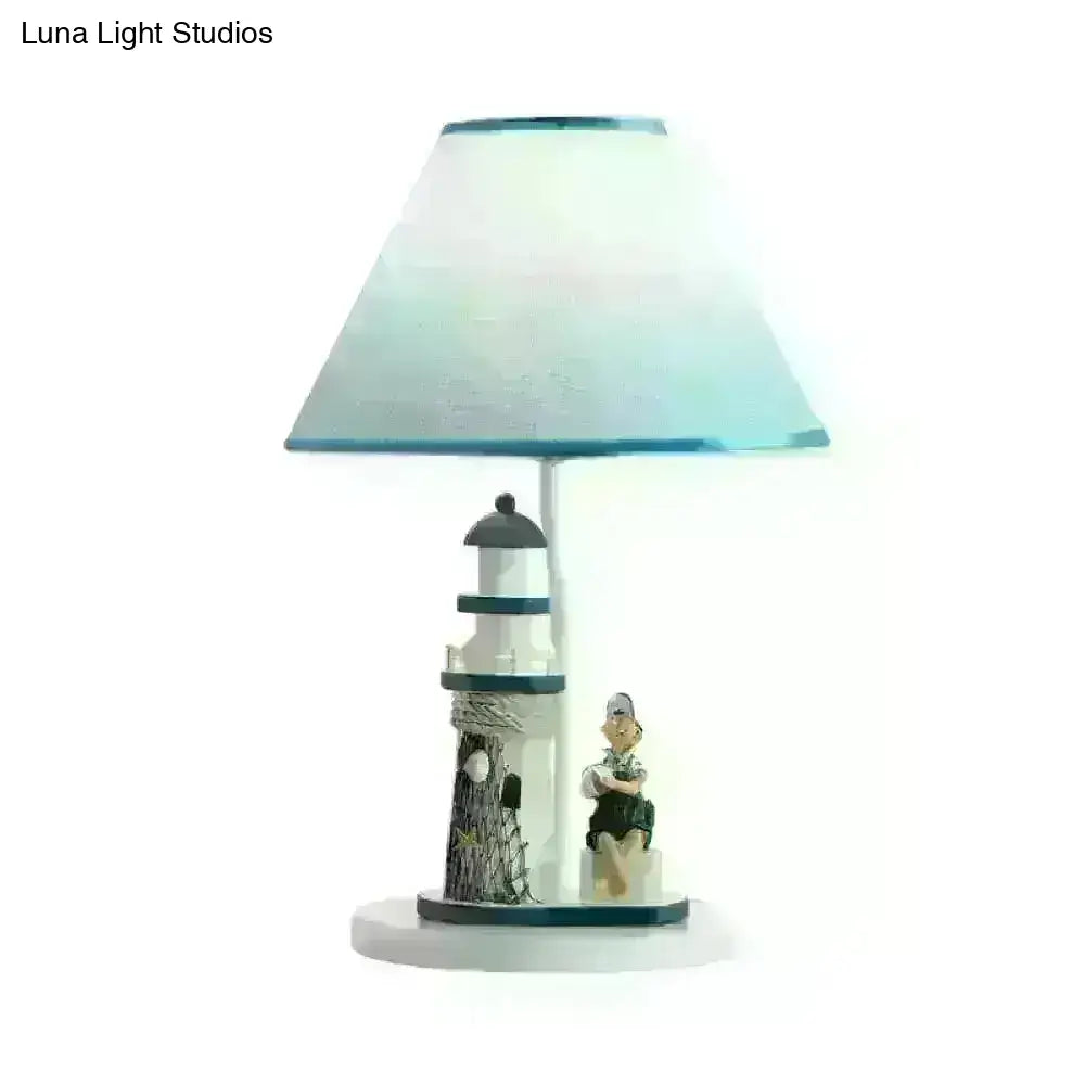 Minelava - Kids Conical Task Lighting Kids Style Fabric 1-Head Bedroom Table Light with Boy/Girl and Lighthouse Deco in Blue