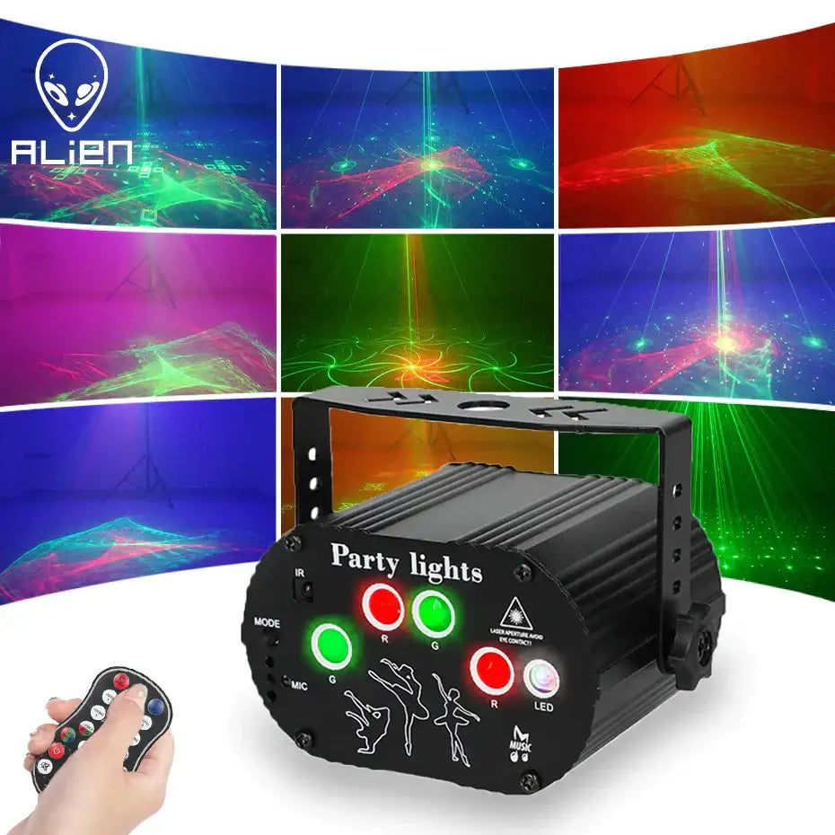 Mini black aurora laser light projector with colorful laser patterns and remote control for bedroom party lighting