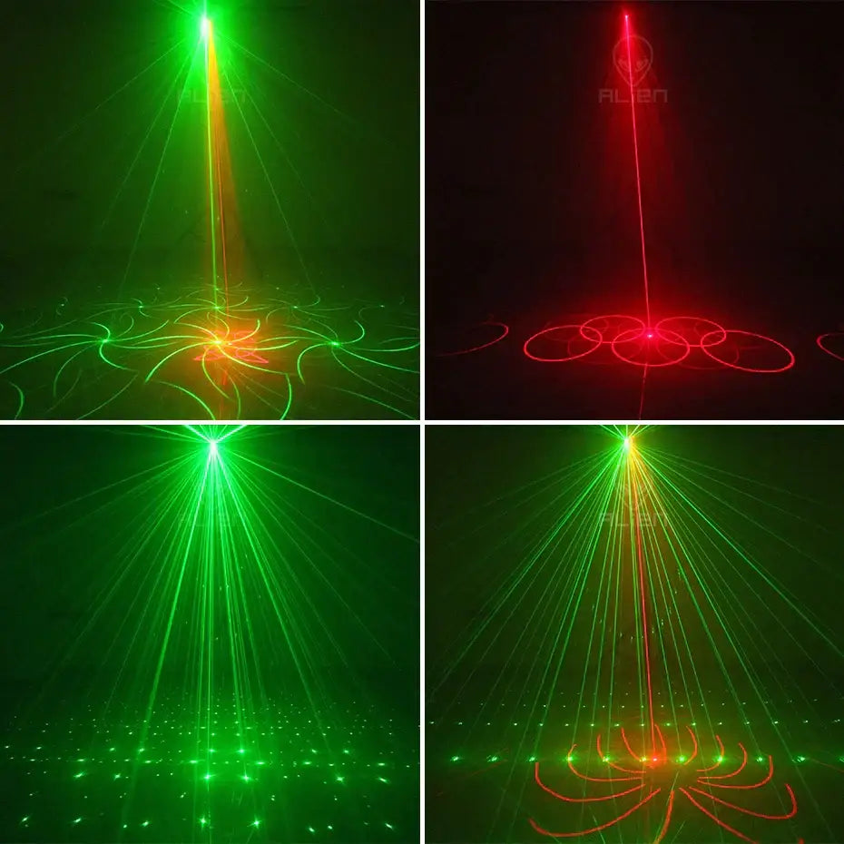 Mini black aurora laser light projector displaying green and red intricate patterns for bedroom party lighting