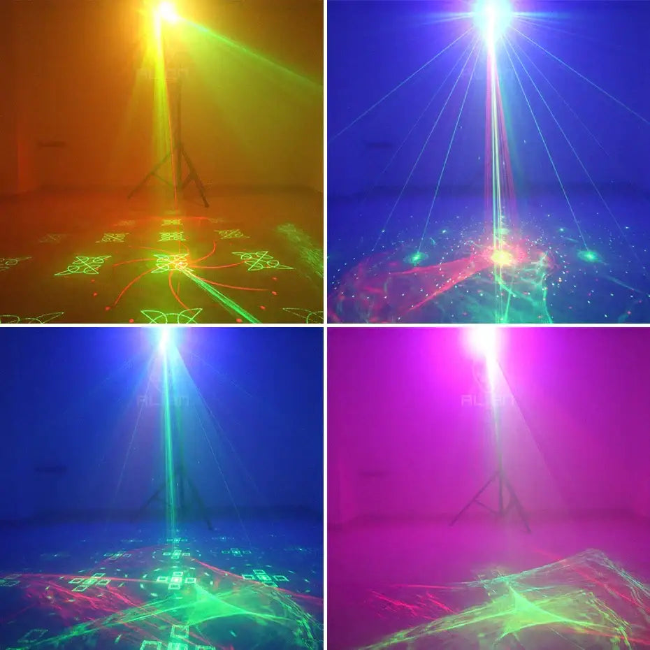 Mini black aurora laser light projector emitting colorful beams and intricate patterns on a foggy floor for bedroom parties