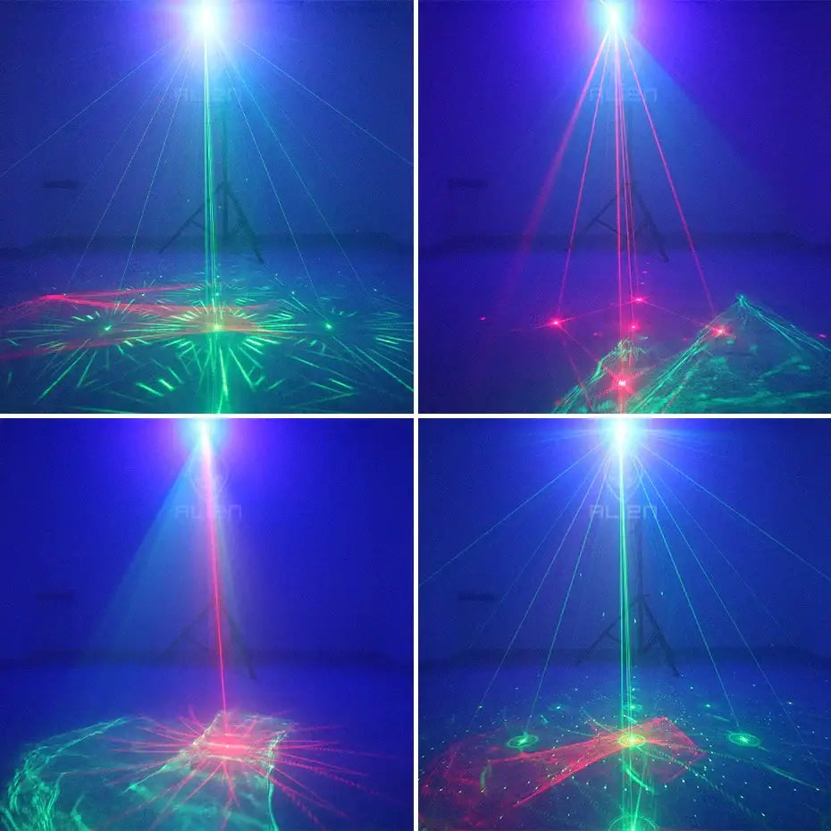 Mini black aurora laser light projector emitting dynamic colorful beams for bedroom party lighting in a dark setting