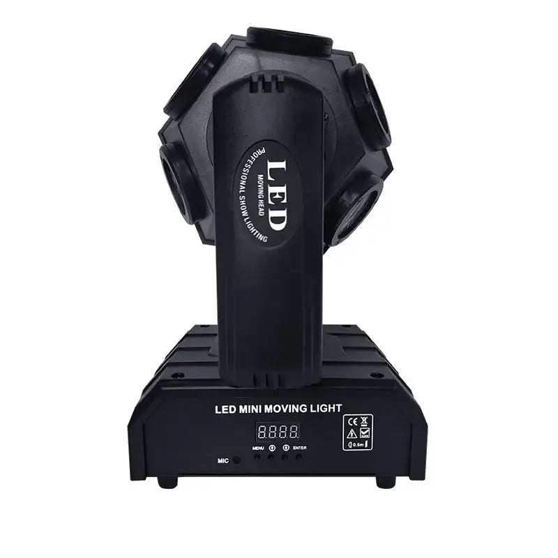 Black led mini moving light with hexagonal head and digital display featuring red green laser for nightclub party use