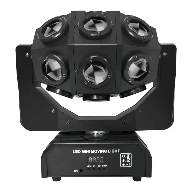 Black led mini moving light with six circular lenses in a hexagonal pattern for red green laser light nightclub use