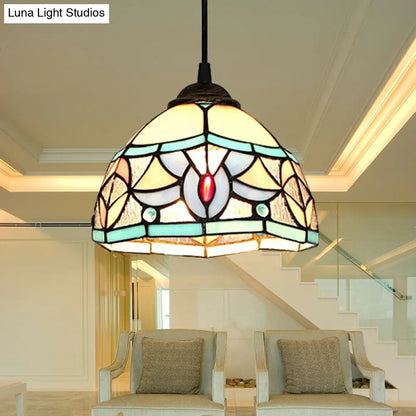 Mini Pendant Stained Glass Lamp: Tiffany Style Hanging Light for Bedroom in Antique Bronze