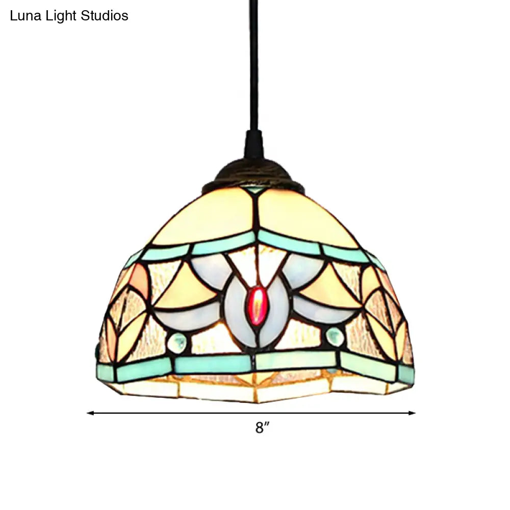 Mini Pendant Stained Glass Lamp: Tiffany Style Hanging Light for Bedroom in Antique Bronze