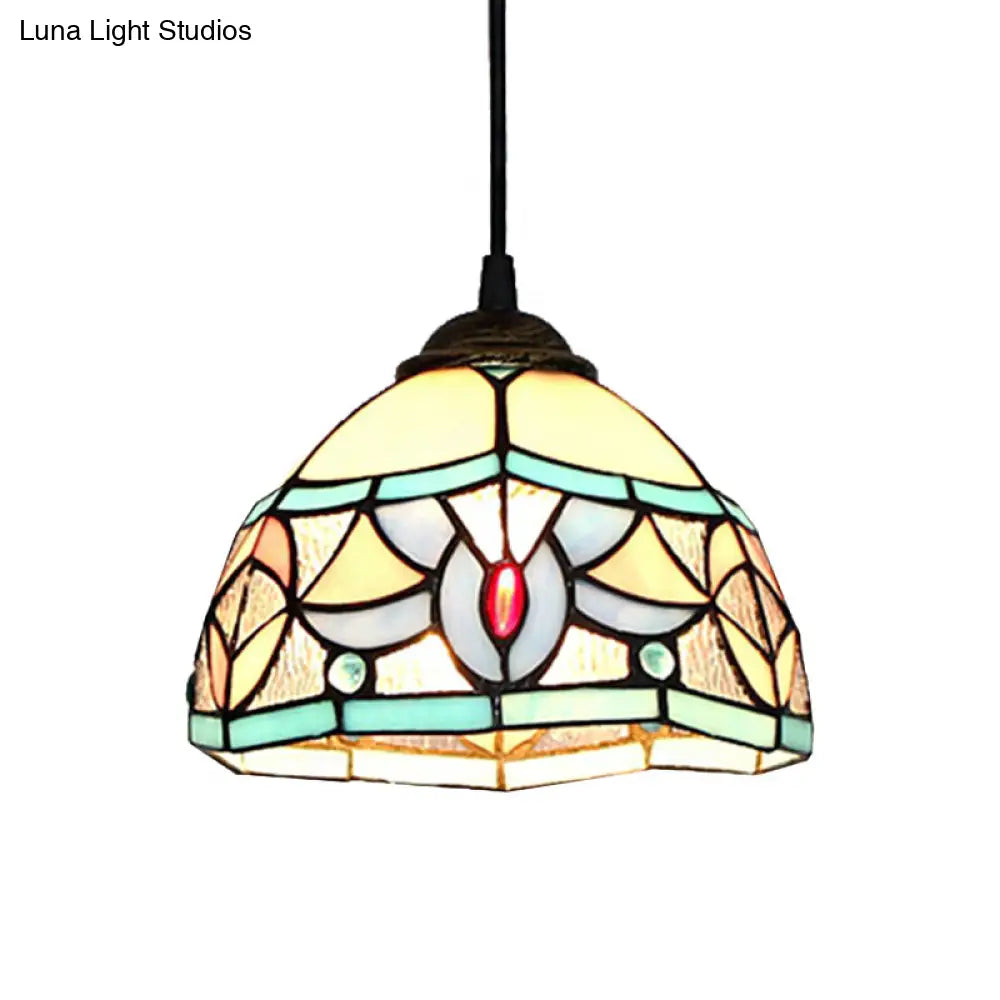 Mini Pendant Stained Glass Lamp: Tiffany Style Hanging Light for Bedroom in Antique Bronze