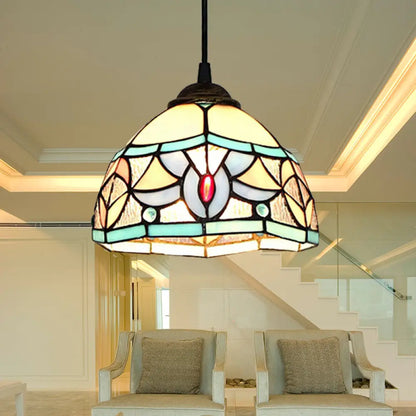 Mini Pendant Stained Glass Lamp: Tiffany Style Hanging Light for Bedroom in Antique Bronze