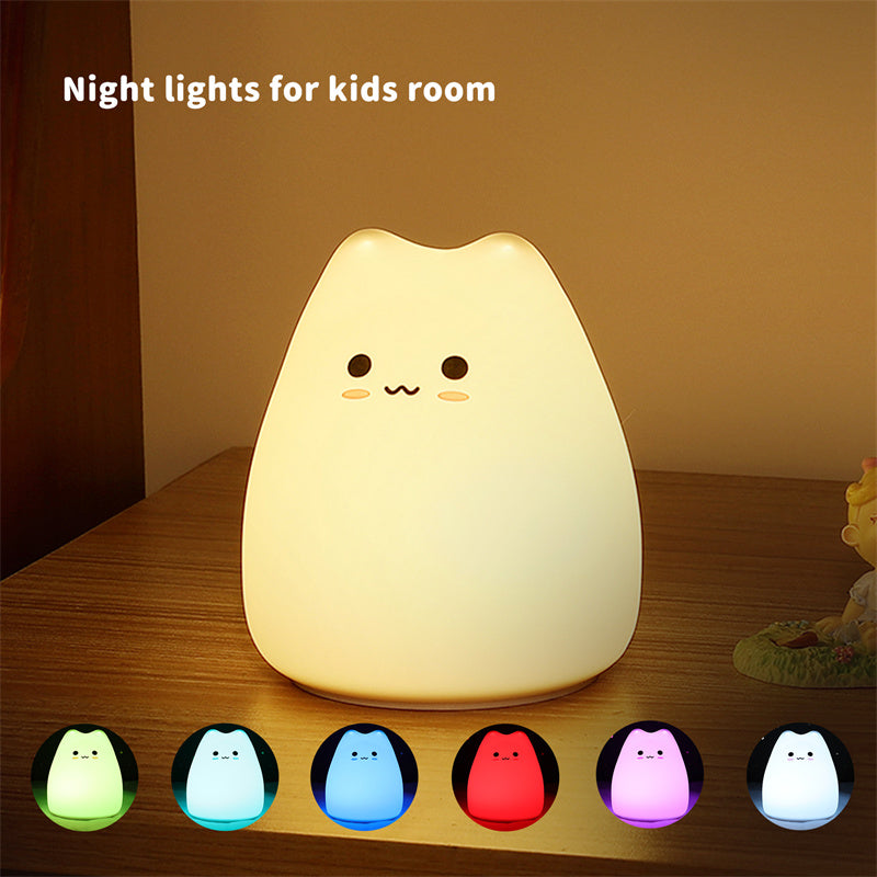 Mini lámpara de noche para bebés con forma de gato, 7 colores, táctil, cambia de color, protección ocular, luz nocturna para dormitorio, ideal como regalo.