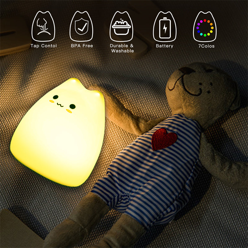 Mini lámpara de noche para bebés con forma de gato, 7 colores, táctil, cambia de color, protección ocular, luz nocturna para dormitorio, ideal como regalo.