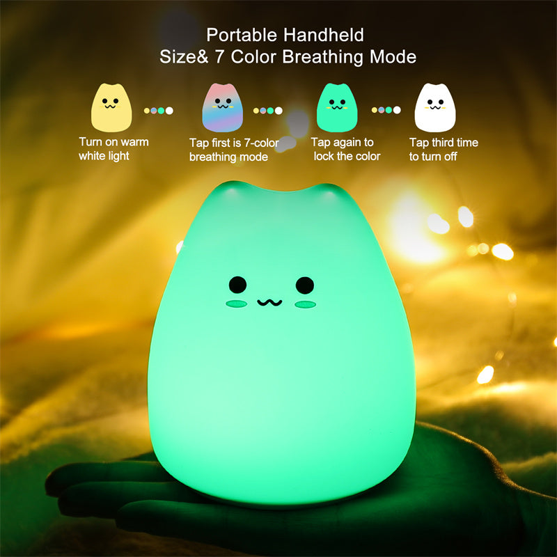 Mini lámpara de noche para bebés con forma de gato, 7 colores, táctil, cambia de color, protección ocular, luz nocturna para dormitorio, ideal como regalo.