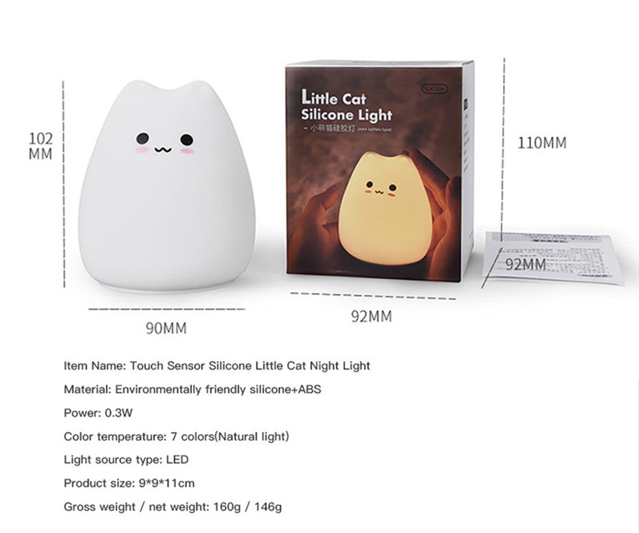 Mini lámpara de noche para bebés con forma de gato, 7 colores, táctil, cambia de color, protección ocular, luz nocturna para dormitorio, ideal como regalo.