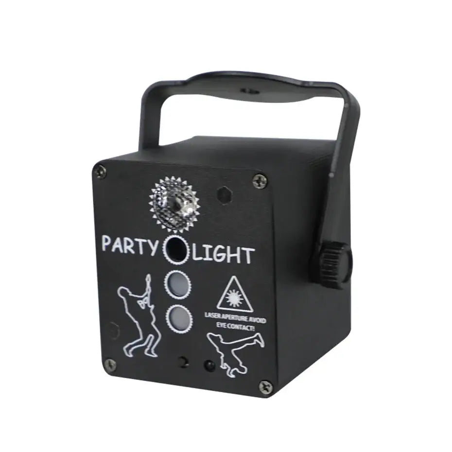 Black rectangular mini rgb laser light projector with handle and laser safety text for living room party decorbites mini rgb