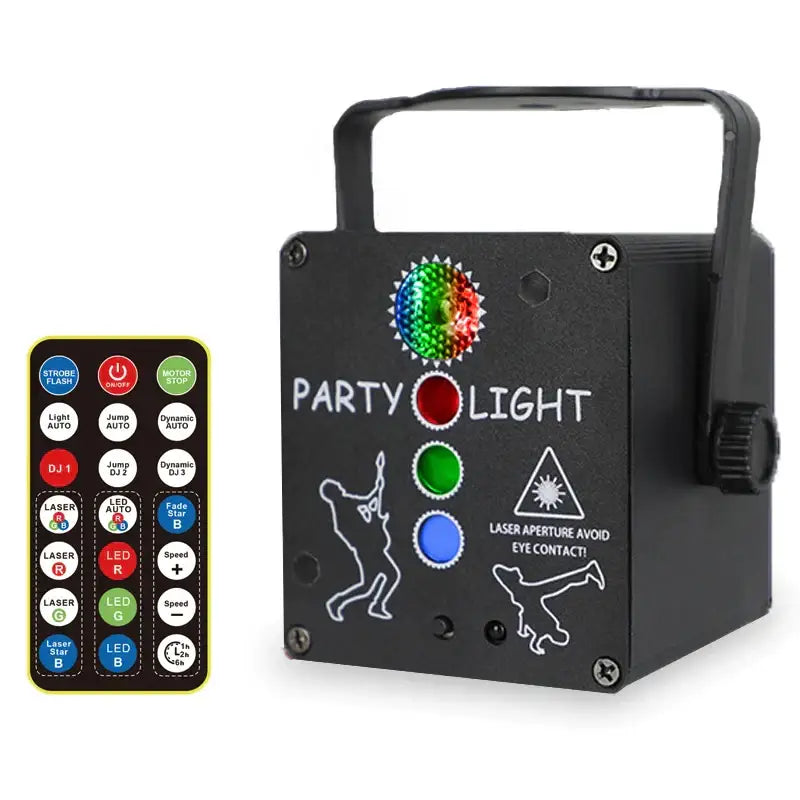 Black rectangular mini rgb laser light projector with handle colorful led lights and front control buttons for living room party lamp