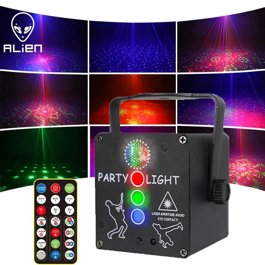 Black alien party mini rgb laser light with colorful led effects and remote control for living room decorbites mini rgb