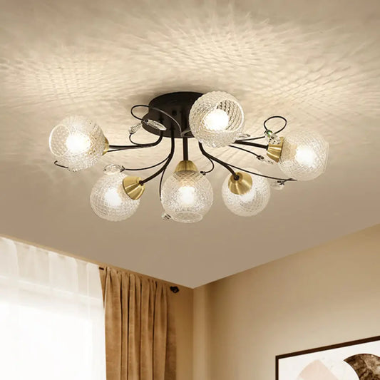 DecorBites™ DecorBites™ Minimal Clear Glass Globe Ceiling Mounted Fixture - 6 Bulb Semi Flush Light in Black/Gold