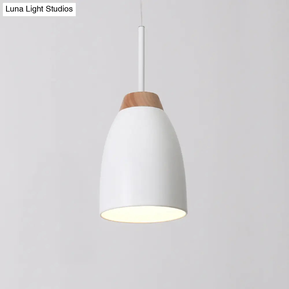 Minimal Metal Pendant Light with Bell Drop Design - White/Black and Wood Finish - Ideal for Table or Ceiling