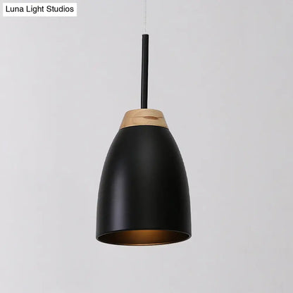 Minimal Metal Pendant Light with Bell Drop Design - White/Black and Wood Finish - Ideal for Table or Ceiling