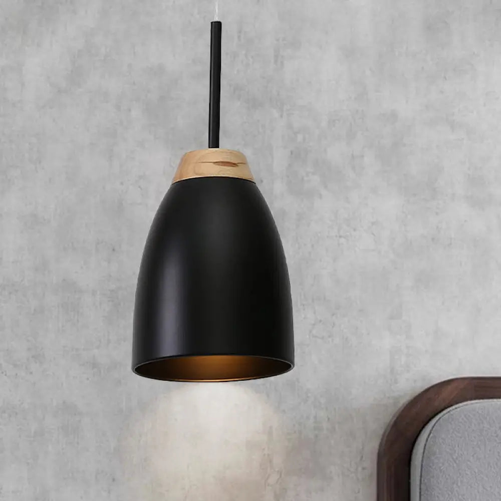 Minimal Metal Pendant Light with Bell Drop Design - White/Black and Wood Finish - Ideal for Table or Ceiling