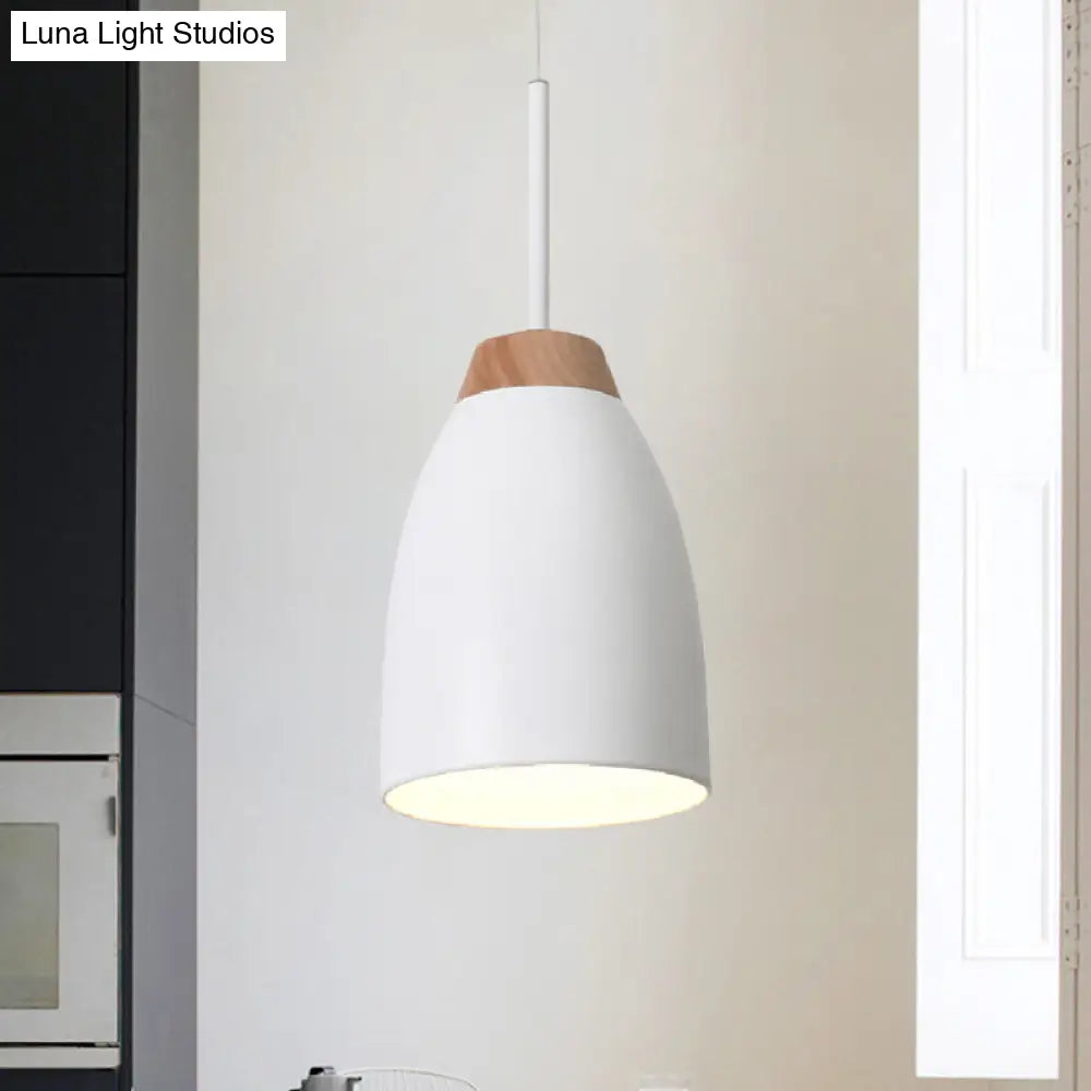 Minimal Metal Pendant Light with Bell Drop Design - White/Black and Wood Finish - Ideal for Table or Ceiling