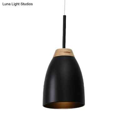 Minimal Metal Pendant Light with Bell Drop Design - White/Black and Wood Finish - Ideal for Table or Ceiling