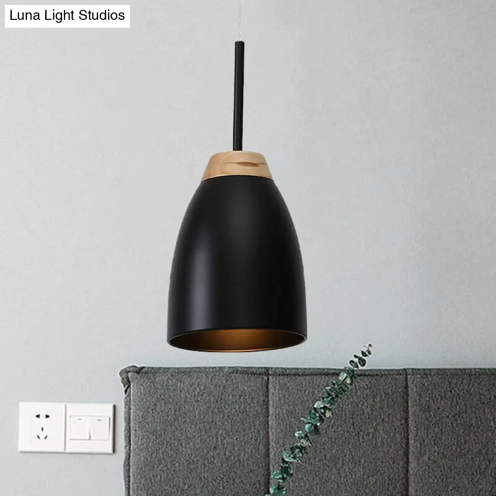 Minimal Metal Pendant Light with Bell Drop Design - White/Black and Wood Finish - Ideal for Table or Ceiling