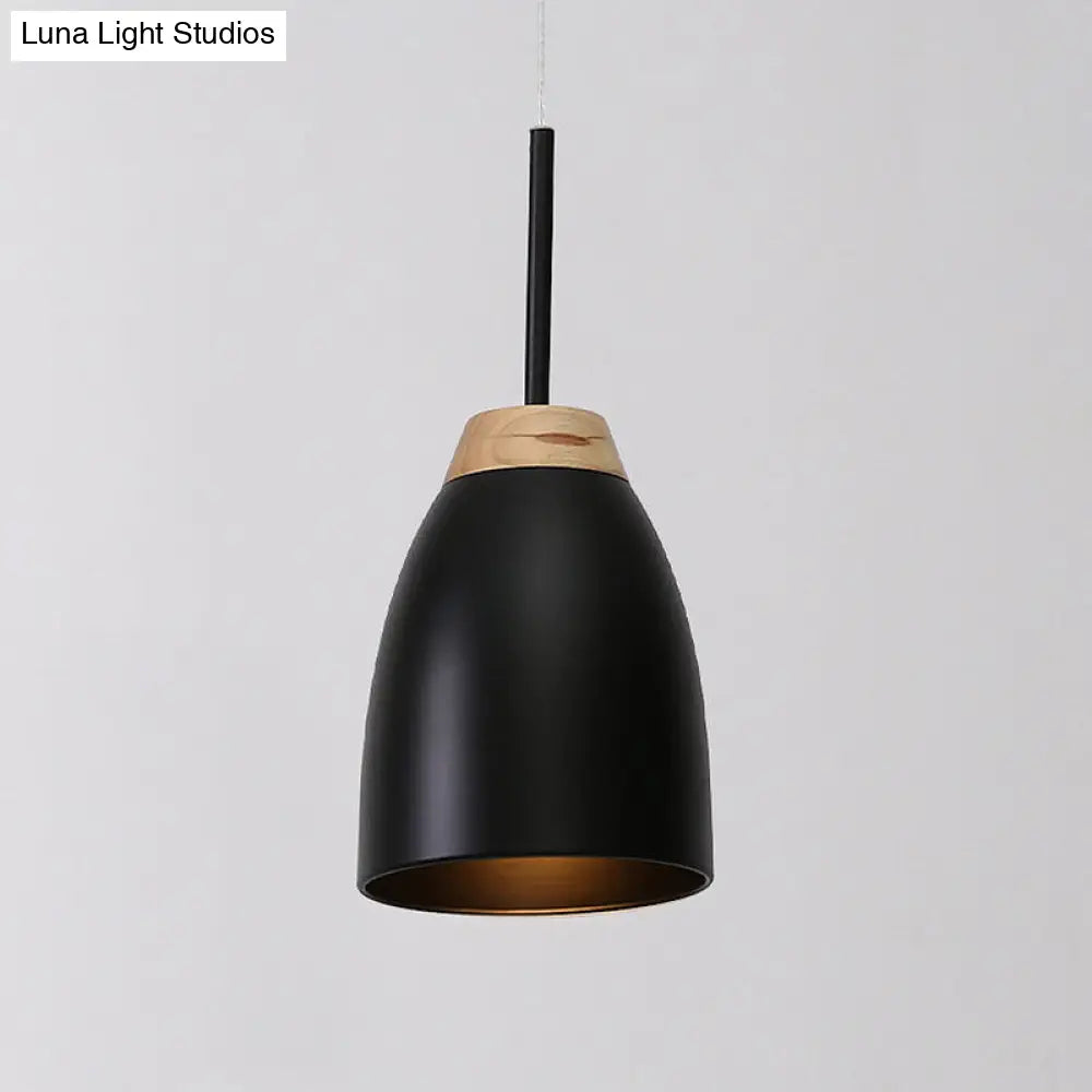 Minimal Metal Pendant Light with Bell Drop Design - White/Black and Wood Finish - Ideal for Table or Ceiling