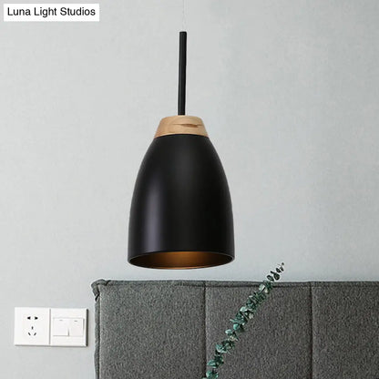 Minimal Metal Pendant Light with Bell Drop Design - White/Black and Wood Finish - Ideal for Table or Ceiling