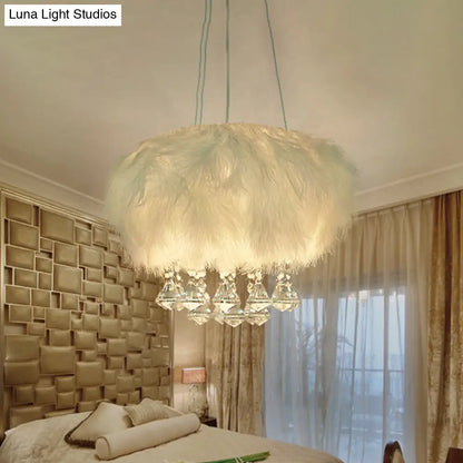 Minimal White Round Ceiling Lamp: Single Light Fluff Pendant with Crystal Droplet