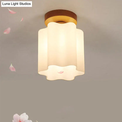 DecorBites™ DecorBites™ Minimalism 1 Bulb Wood Flushmount Light for Corridor - Milky Glass Prism Floral Ceiling Flush Light