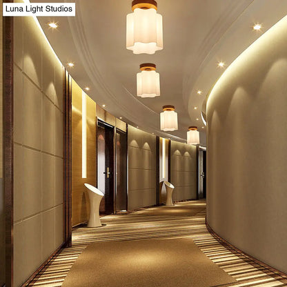 DecorBites™ DecorBites™ Minimalism 1 Bulb Wood Flushmount Light for Corridor - Milky Glass Prism Floral Ceiling Flush Light