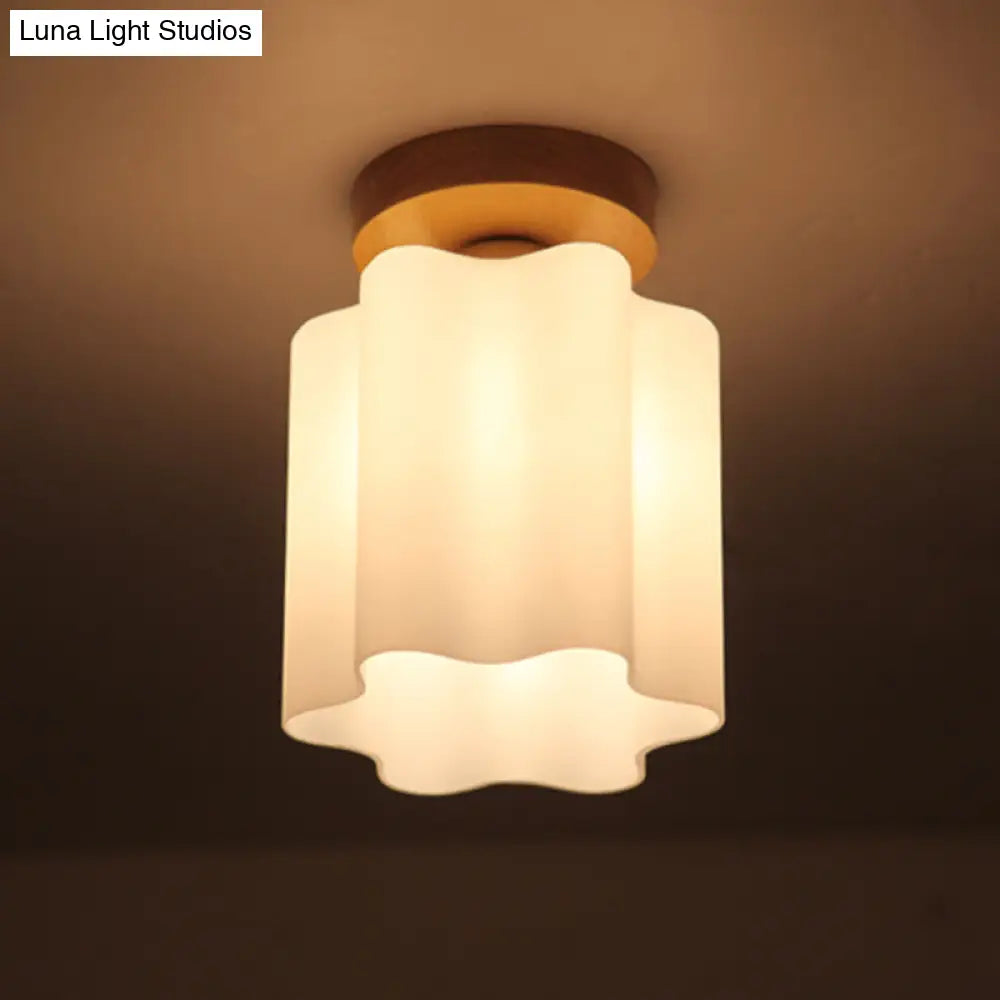 DecorBites™ DecorBites™ Minimalism 1 Bulb Wood Flushmount Light for Corridor - Milky Glass Prism Floral Ceiling Flush Light