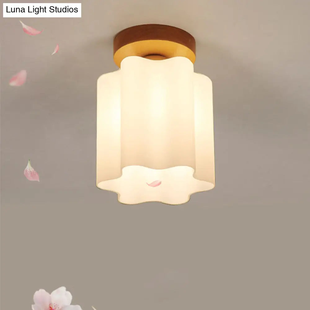 DecorBites™ DecorBites™ Minimalism 1 Bulb Wood Flushmount Light for Corridor - Milky Glass Prism Floral Ceiling Flush Light