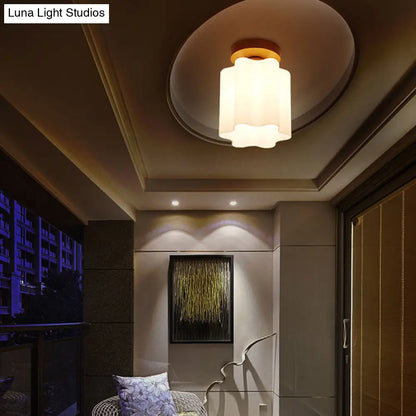 DecorBites™ DecorBites™ Minimalism 1 Bulb Wood Flushmount Light for Corridor - Milky Glass Prism Floral Ceiling Flush Light