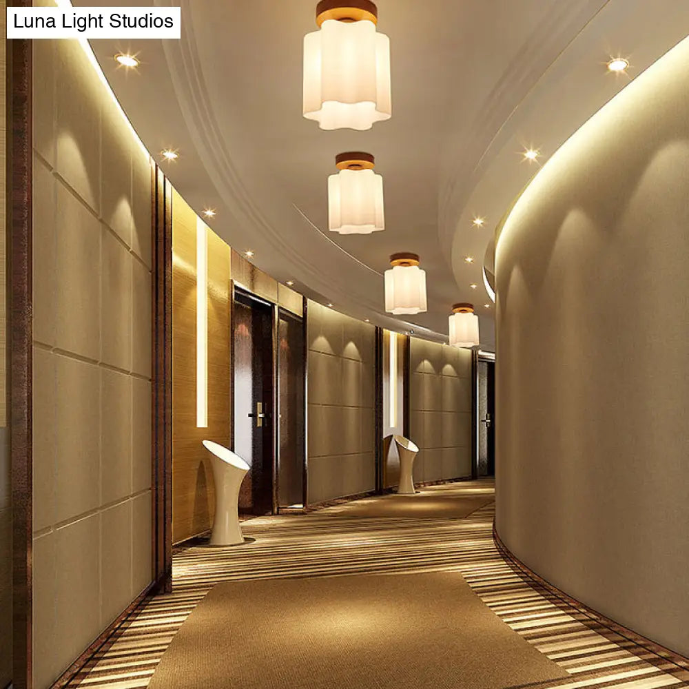 DecorBites™ DecorBites™ Minimalism 1 Bulb Wood Flushmount Light for Corridor - Milky Glass Prism Floral Ceiling Flush Light