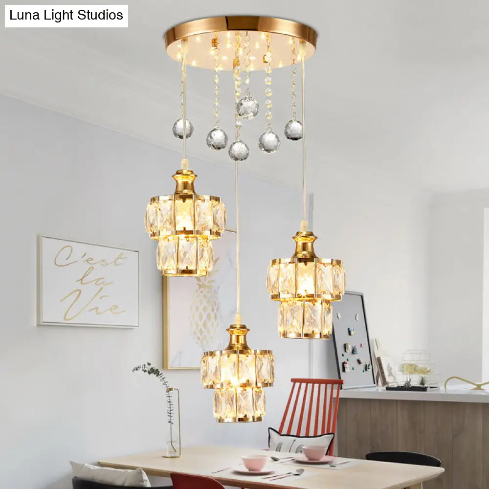 Minimalist 2-Tier Gold Pendant Light with Faceted Crystal Blocks, 3-Bulb Design & Droplet Accents