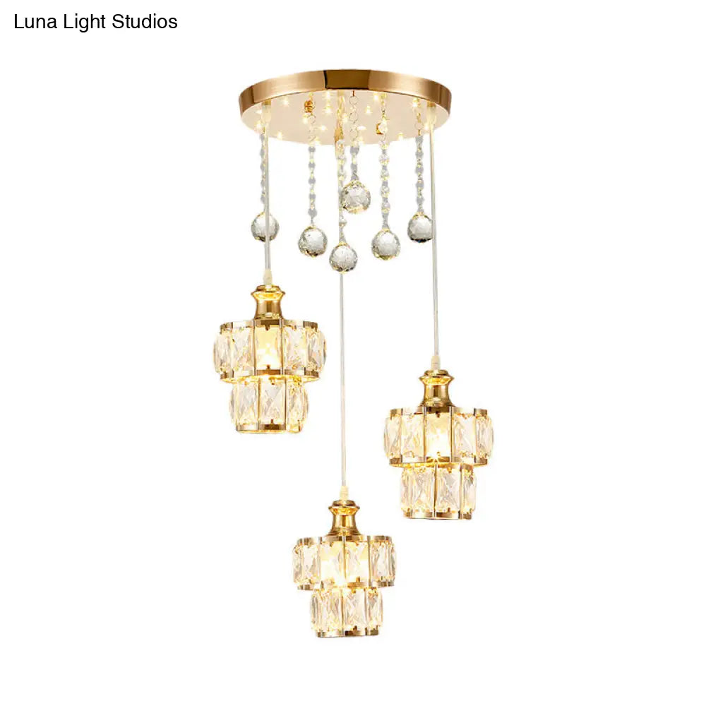 Minimalist 2-Tier Gold Pendant Light with Faceted Crystal Blocks, 3-Bulb Design & Droplet Accents