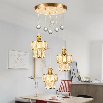 Minimalist 2-Tier Gold Pendant Light with Faceted Crystal Blocks, 3-Bulb Design & Droplet Accents