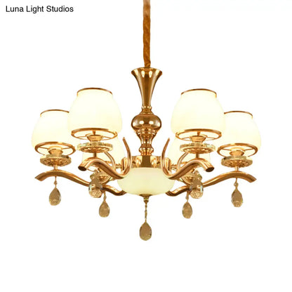 Lámpara de techo minimalista de cristal con forma de cono dorado de 6 cabezas – Lámpara colgante de cristal para dormitorio