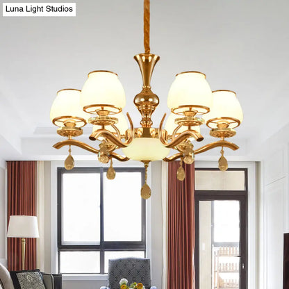 Lámpara de techo minimalista de cristal con forma de cono dorado de 6 cabezas – Lámpara colgante de cristal para dormitorio