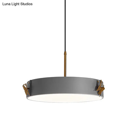 Minimalist Acrylic LED Drum Pendant Lamp with Grey Finish - Stylish Hanging Light Fixture with Butterfly Design