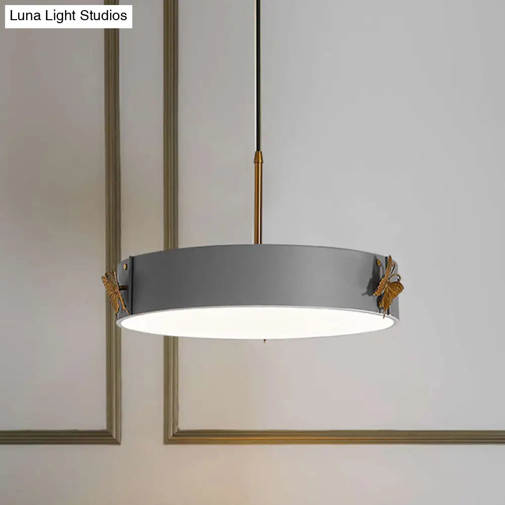 Minimalist Acrylic LED Drum Pendant Lamp with Grey Finish - Stylish Hanging Light Fixture with Butterfly Design