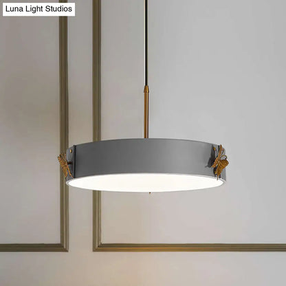 Minimalist Acrylic LED Drum Pendant Lamp with Grey Finish - Stylish Hanging Light Fixture with Butterfly Design