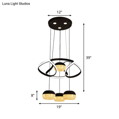 Minimalist Acrylic Oval LED Pendant Lamp with 4 Hanging Lights, Twisting Shelf, and Black Ceiling Mount