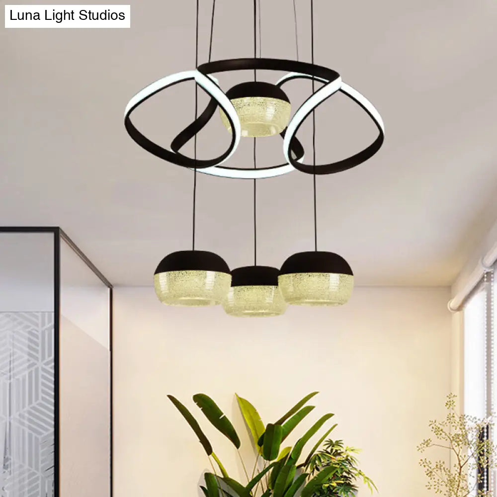 Minimalist Acrylic Oval LED Pendant Lamp with 4 Hanging Lights, Twisting Shelf, and Black Ceiling Mount