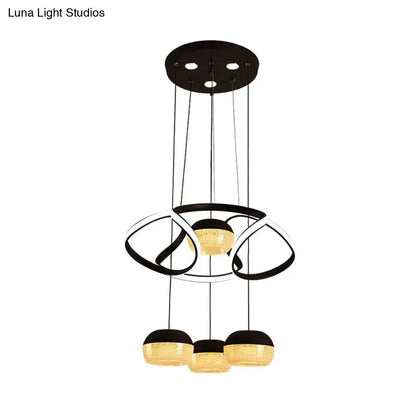 Minimalist Acrylic Oval LED Pendant Lamp with 4 Hanging Lights, Twisting Shelf, and Black Ceiling Mount