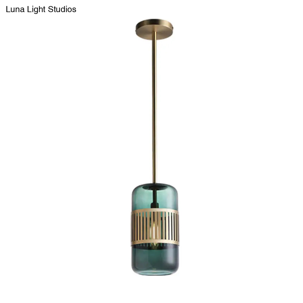 Minimalist Amber/Green Glass Cylinder Kitchen Island Pendant Light - 1 Head Ceiling Fixture