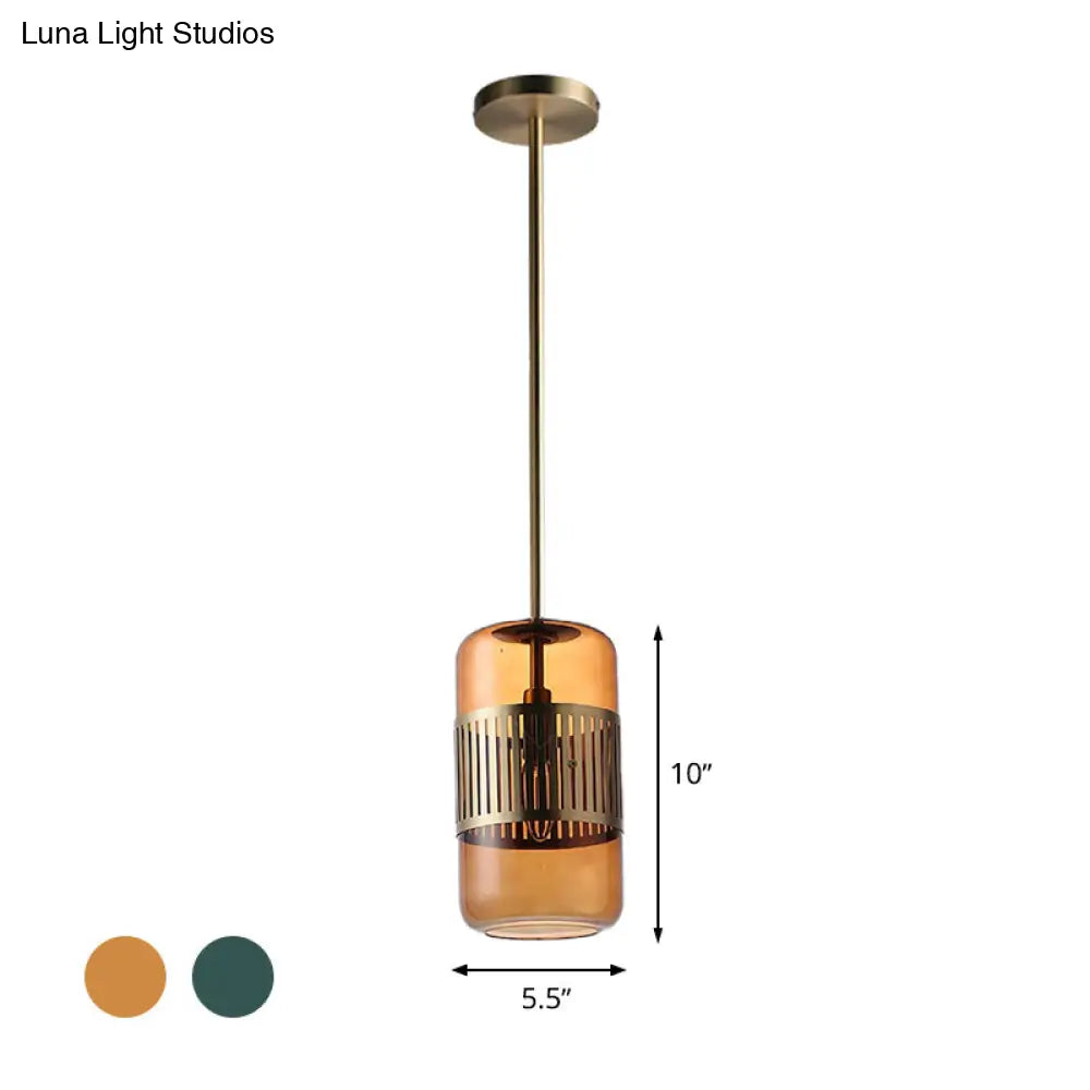 Minimalist Amber/Green Glass Cylinder Kitchen Island Pendant Light - 1 Head Ceiling Fixture