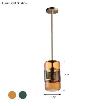 Minimalist Amber/Green Glass Cylinder Kitchen Island Pendant Light - 1 Head Ceiling Fixture